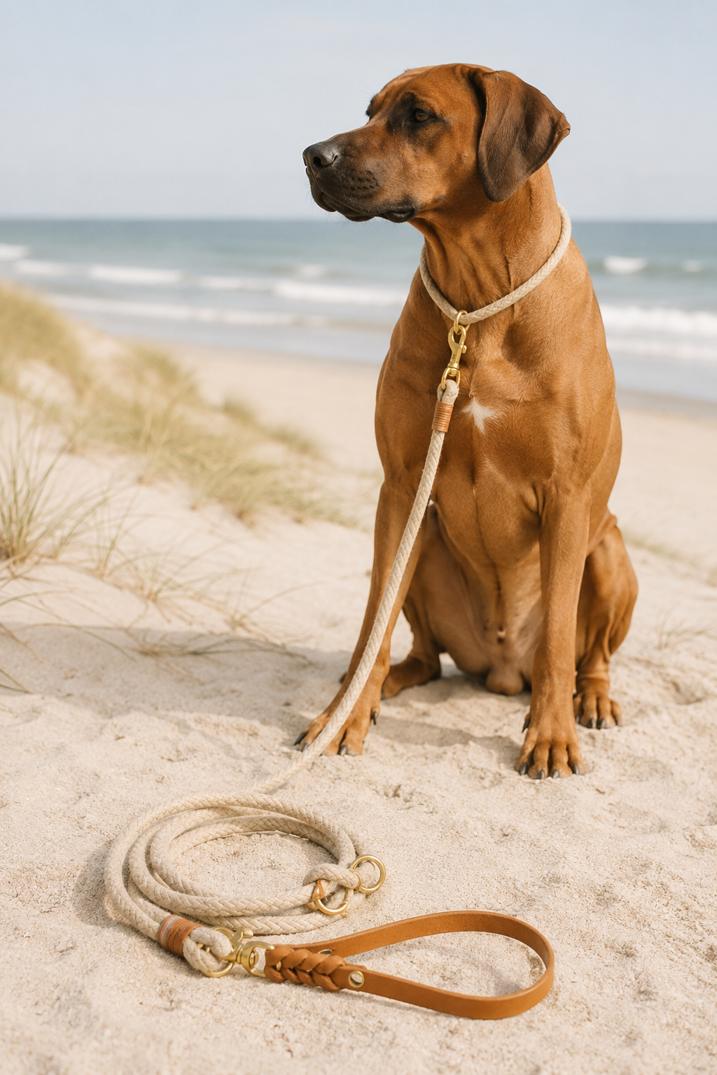 Hundeleine aus Tau und Leder am Strand mit Hund