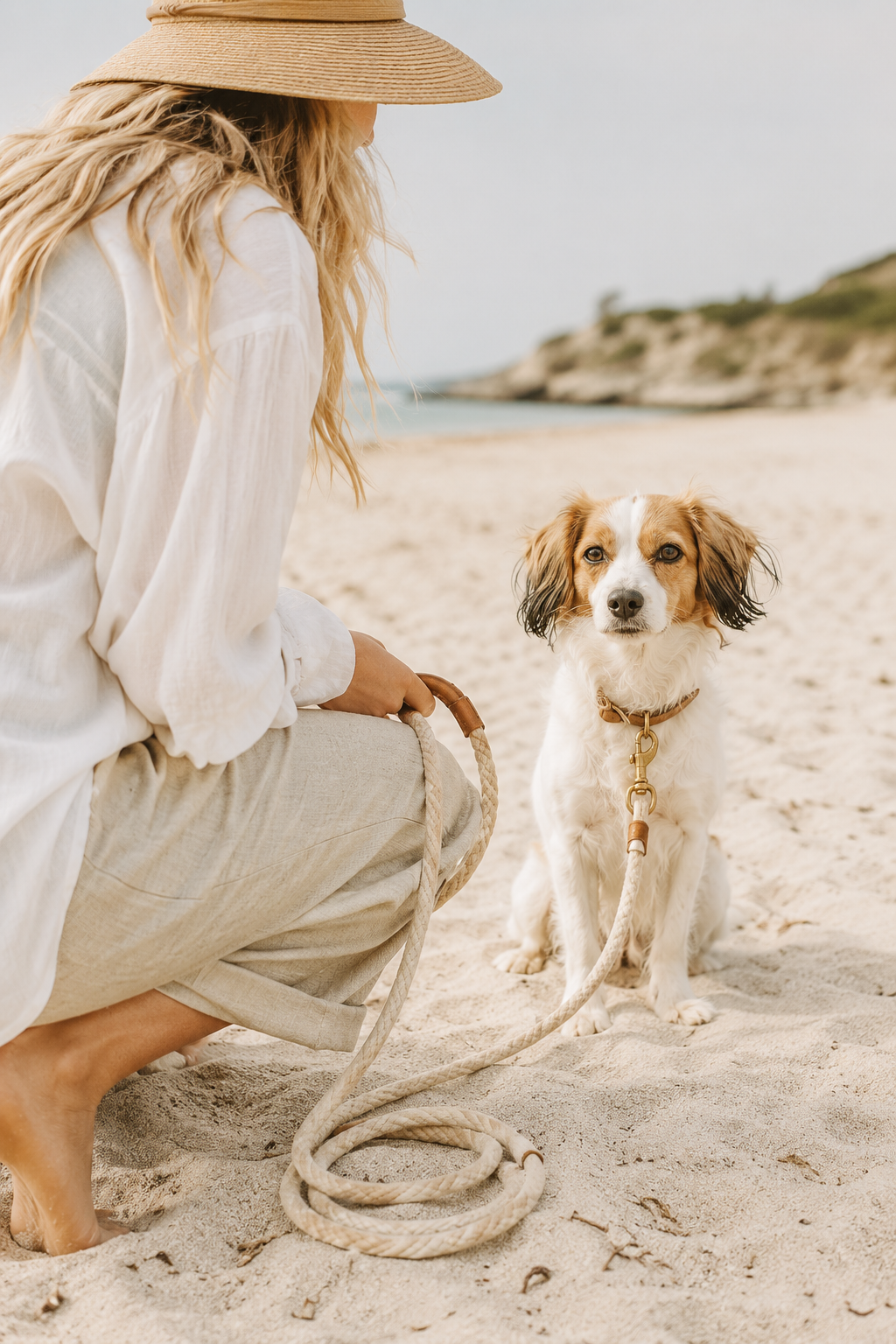 Frau mit Hund an einer Tau-Leder-Leine